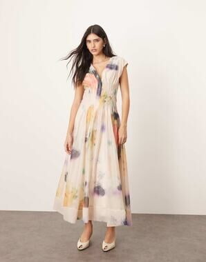 ARRANGE Organza Pleat Waist Pink Blurred Floral Maxi Dress New US 6